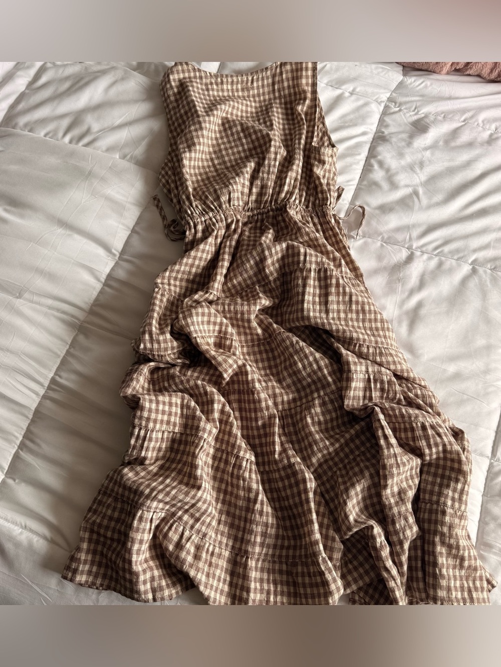 Sleeveless V-Neck Gingham Maxi Dress in Brown/Cream - Picture 3 of 3